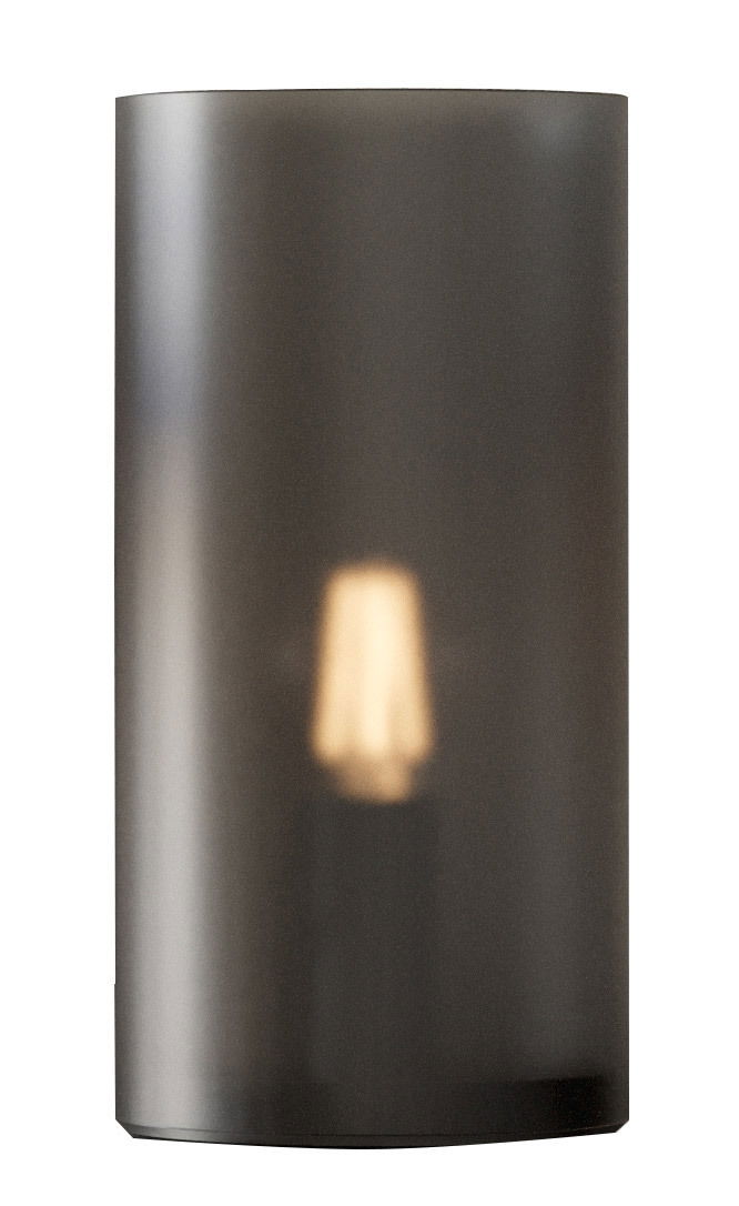 Zylindrische Tischleuchte mit dunklem, halbtransparentem Schirm, frontal betrachtet.