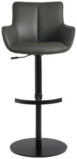 Moderner Barhocker YUKI in dunklem Leder mit Armlehnen, schwarzem Standfuß und Fußstütze, Frontalansicht.