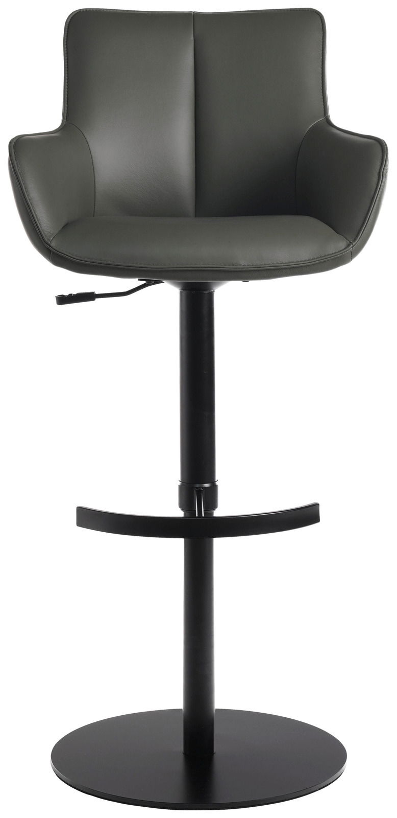 Moderner Barhocker YUKI in dunklem Leder mit Armlehnen, schwarzem Standfuß und Fußstütze, Frontalansicht.