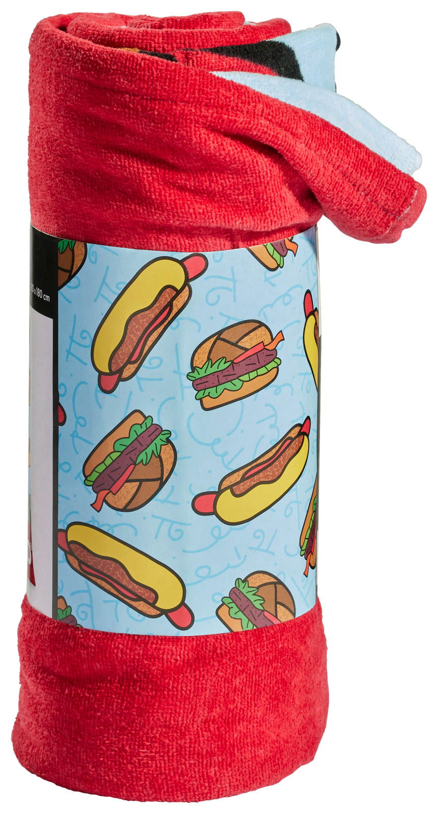 Rotes Velourstuch mit buntem Hotdog- und Burger-Muster, aufgerollt und von der Seite fotografiert.