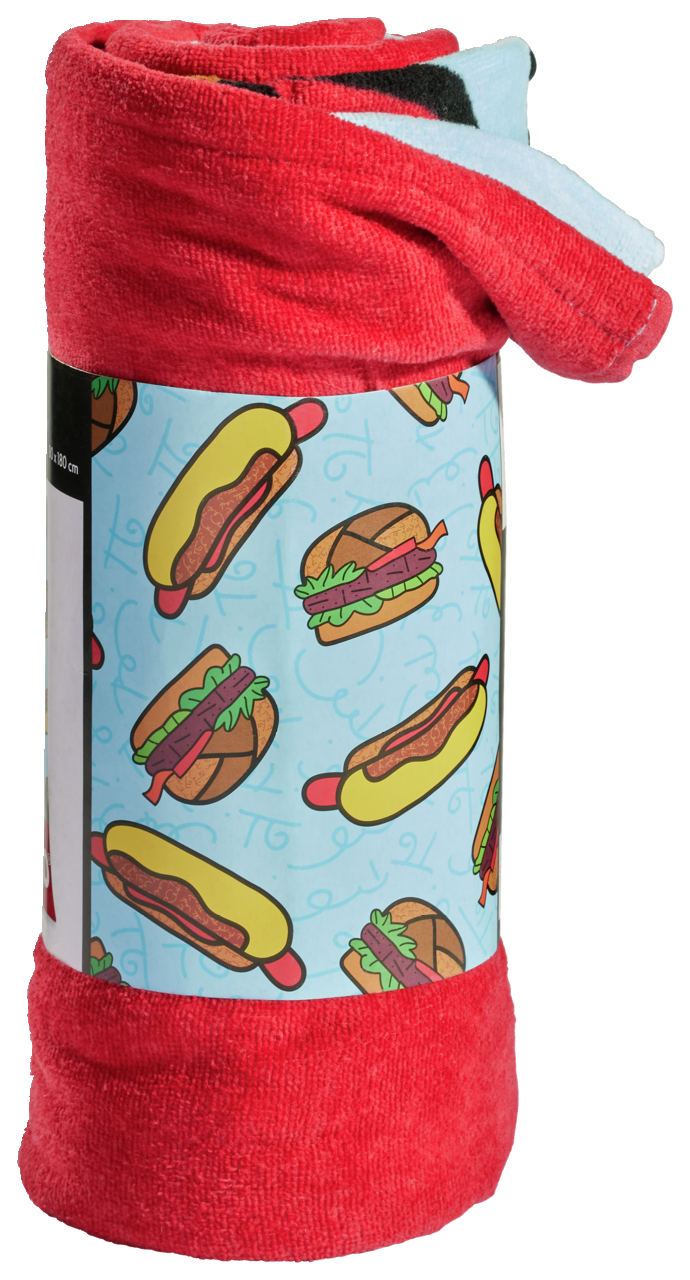 Rotes Velourstuch mit buntem Hotdog- und Burger-Muster, aufgerollt und von der Seite fotografiert.