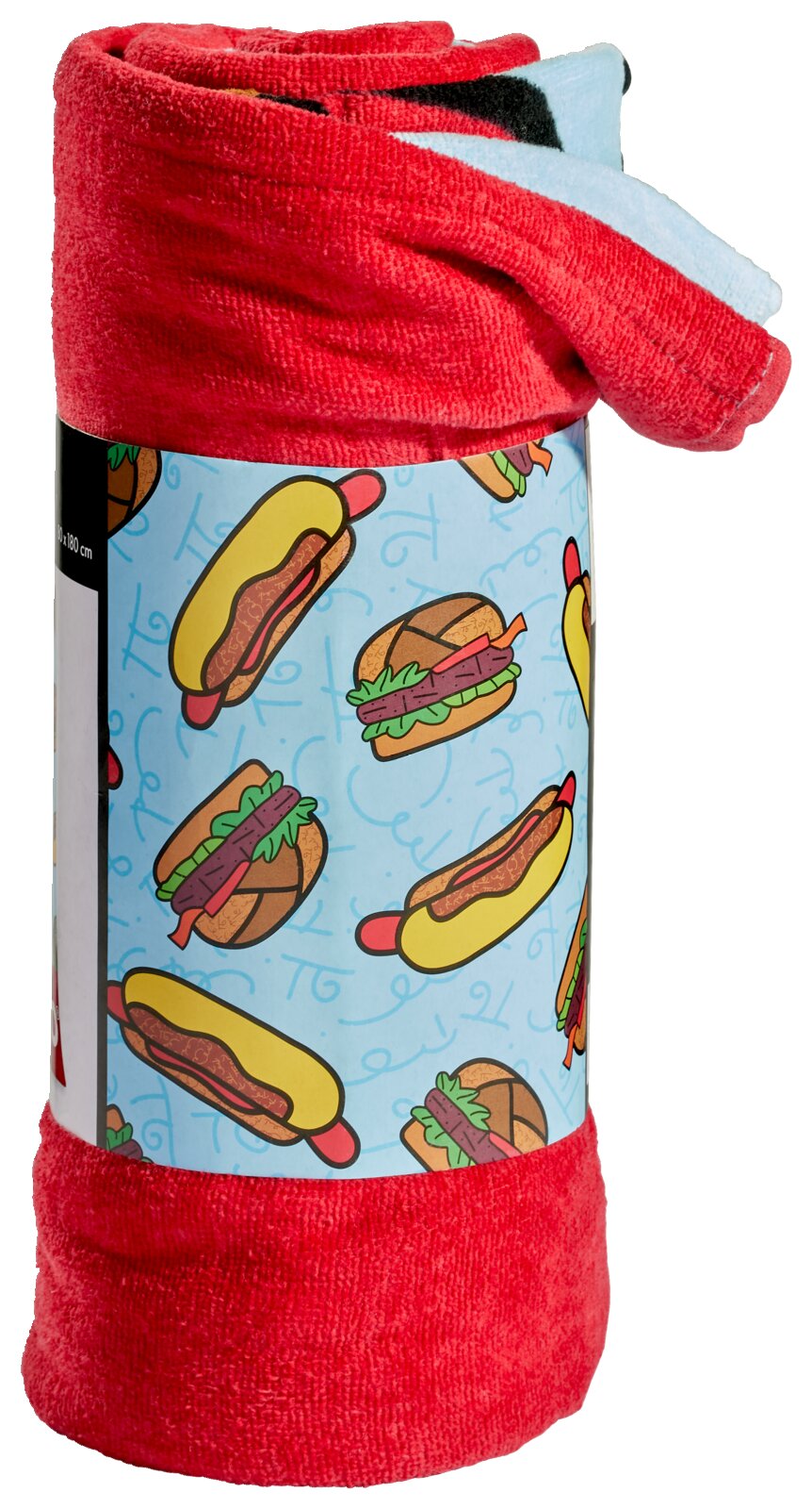 Rotes Velourstuch mit buntem Hotdog- und Burger-Muster, aufgerollt und von der Seite fotografiert.