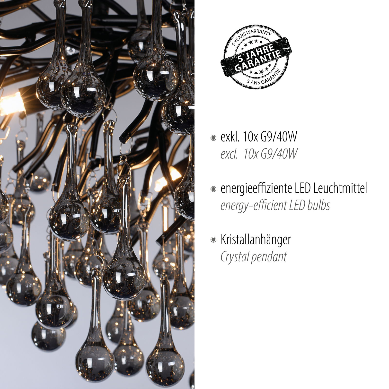 Nahaufnahme eines Kronleuchters mit Kristallanhängern und energieeffizienten LED-Leuchtmitteln, seitliche Perspektive.