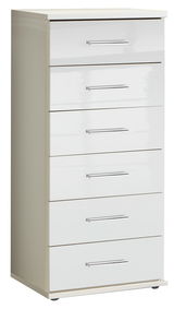 Weiße Schubkastenkommode mit sechs Schubladen und silbernen Griffen, seitliche Perspektive