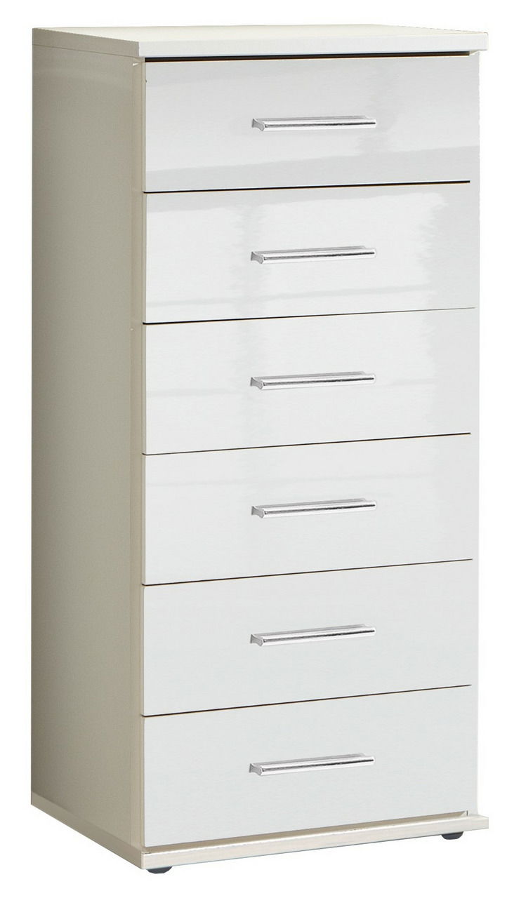 XORA Schubkastenkommode MALTA Weiße Schubkastenkommode mit sechs Schubladen und silbernen Griffen, seitliche Perspektive