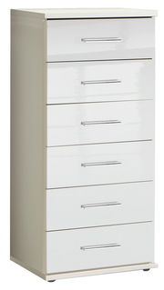 Weiße Schubkastenkommode mit sechs Schubladen und silbernen Griffen, seitliche Perspektive