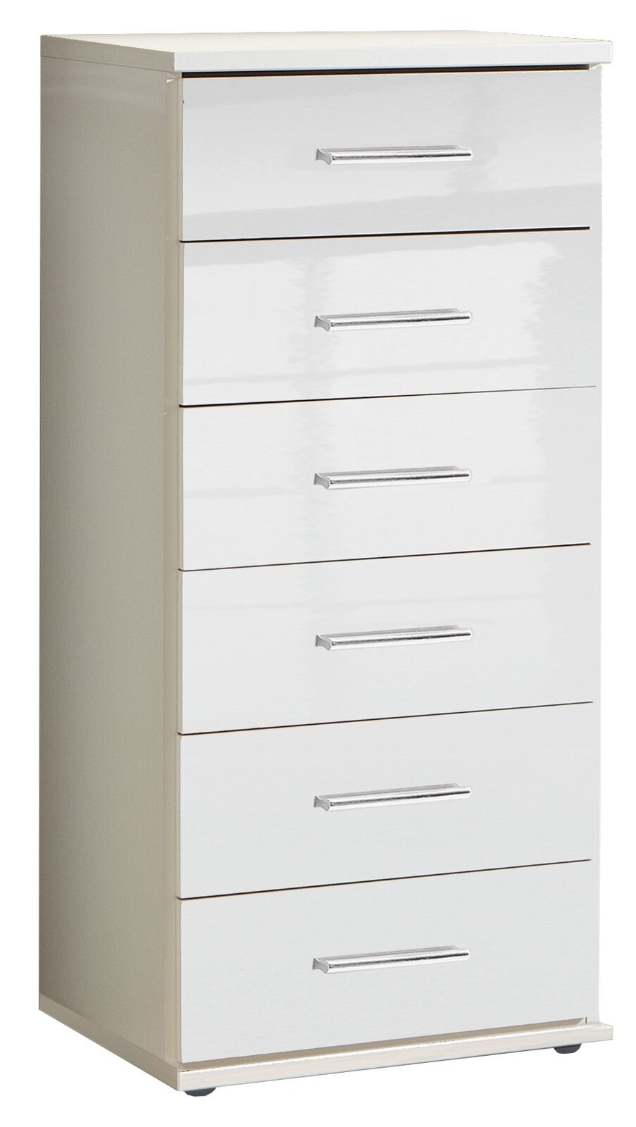 XORA Schubkastenkommode MALTA Weiße Schubkastenkommode mit sechs Schubladen und silbernen Griffen, seitliche Perspektive