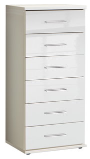 Weiße Schubkastenkommode mit sechs Schubladen und silbernen Griffen, seitliche Perspektive