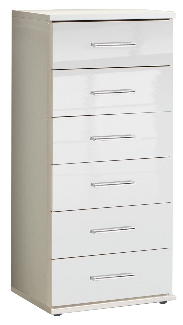 XORA Schubkastenkommode MALTA Weiße Schubkastenkommode mit sechs Schubladen und silbernen Griffen, seitliche Perspektive