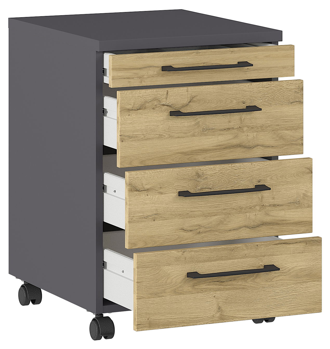 MID.YOU Rollcontainer PROFI 2.0 Rollcontainer mit drei offenen Schubladen in Holzoptik und schwarzem Korpus, seitliche Perspektive