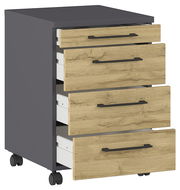 Rollcontainer mit drei offenen Schubladen in Holzoptik und schwarzem Korpus, seitliche Perspektive