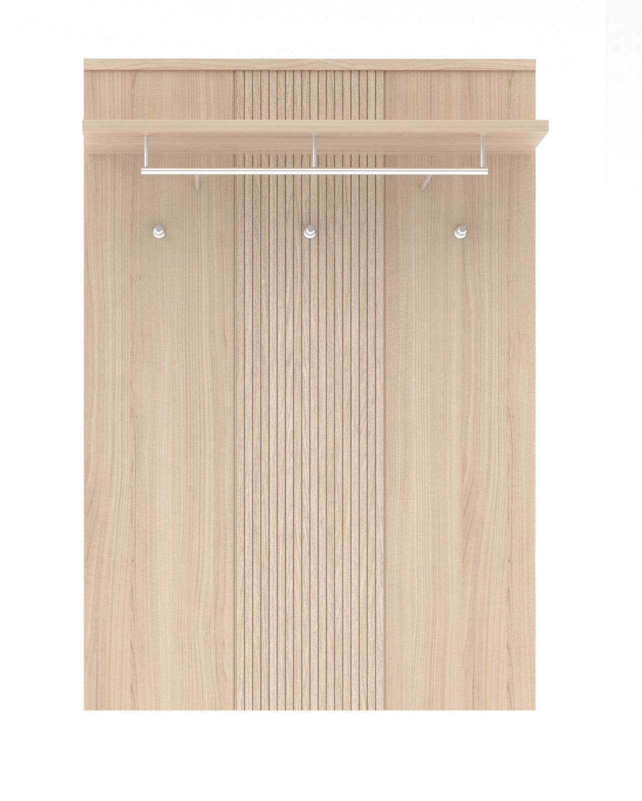 Frontansicht eines modernen Garderoben-Sets aus Holz mit Haken und Ablage.