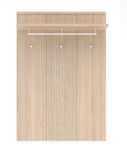 Frontansicht eines modernen Garderoben-Sets aus Holz mit Haken und Ablage.