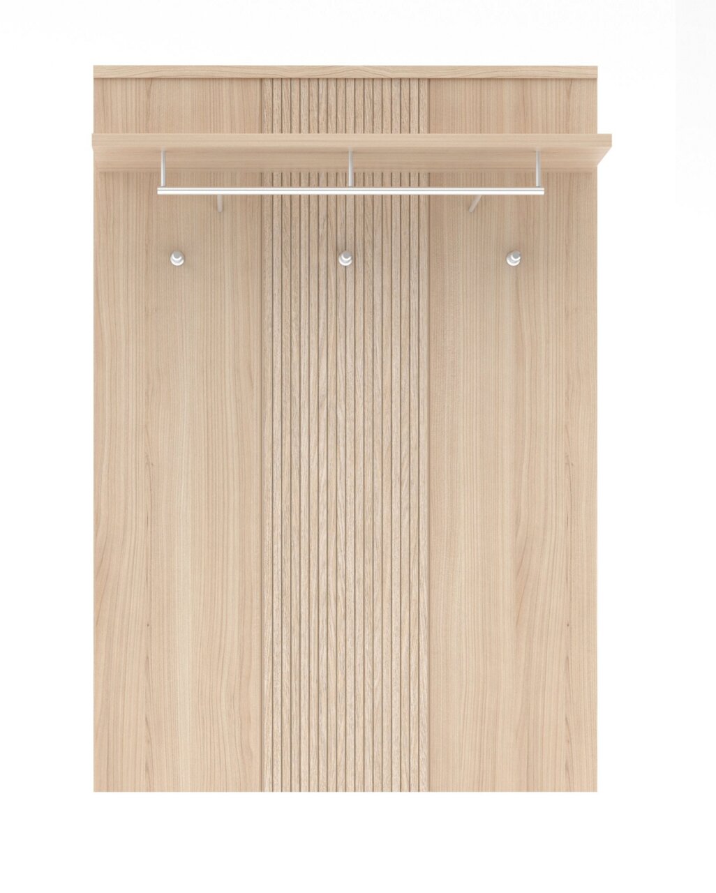 Frontansicht eines modernen Garderoben-Sets aus Holz mit Haken und Ablage.