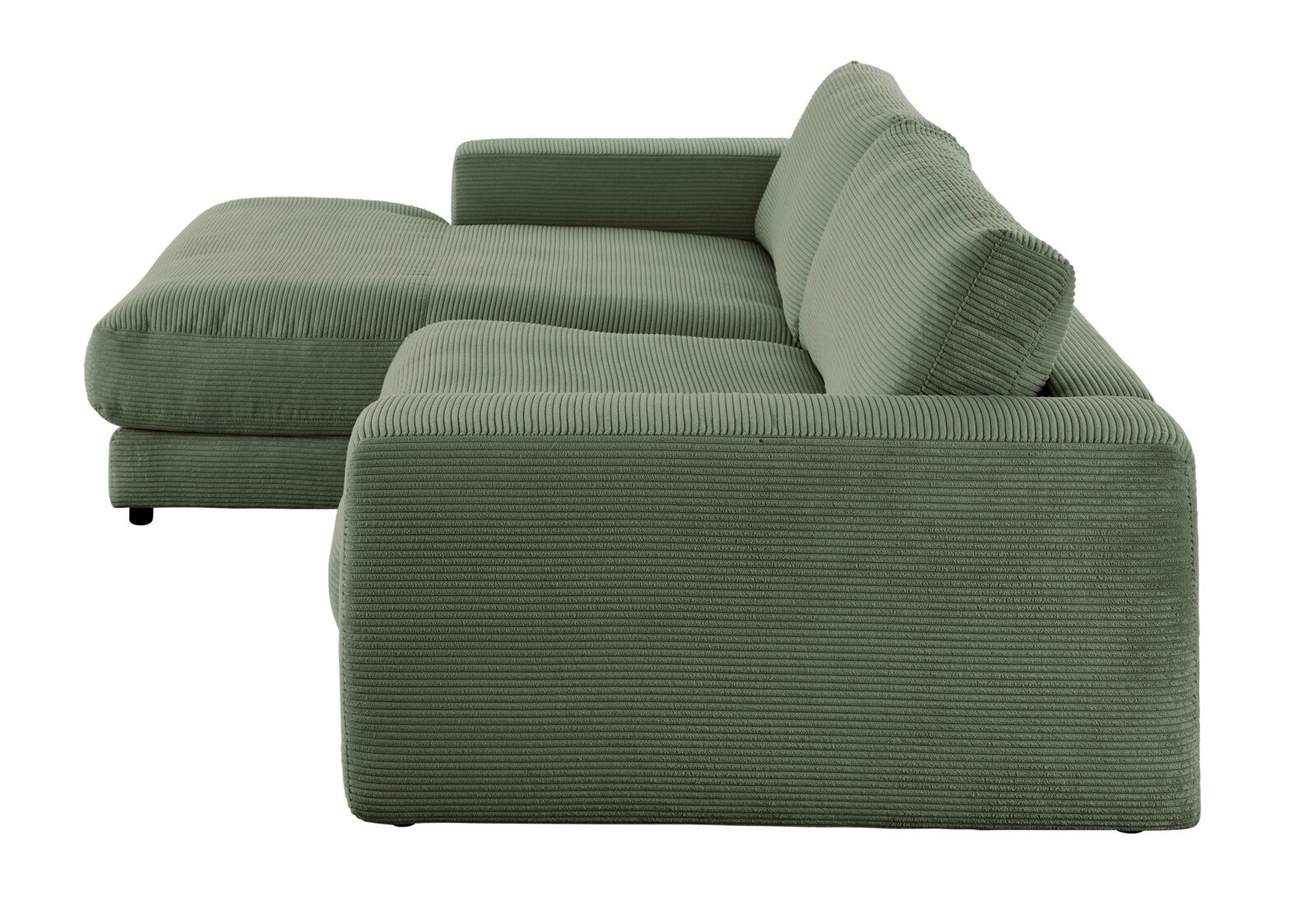 Grünes Longchair-Sofa aus geripptem Stoff, Seitenansicht von rechts