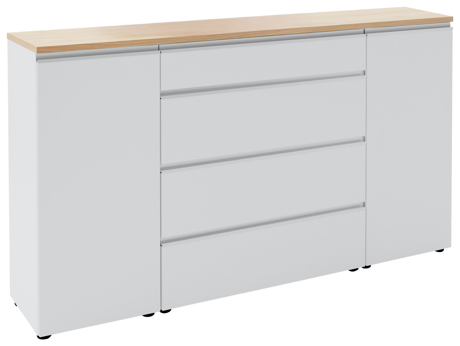 Weißes Sideboard mit Holzplatte, vier Schubladen in der Mitte und zwei Türen an den Seiten, frontale Perspektive