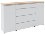 Weißes Sideboard mit Holzplatte, vier Schubladen in der Mitte und zwei Türen an den Seiten, frontale Perspektive