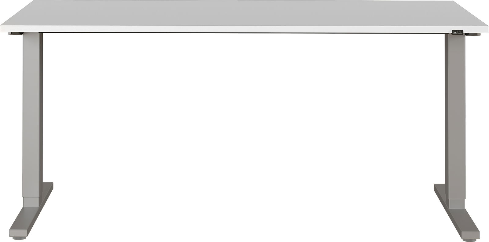Moderner E-Schreibtisch mit grauer Tischplatte und stabilen Metallbeinen, Frontalansicht.