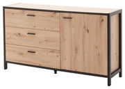 Modernes Sideboard aus Holz mit drei Schubladen und einer Tür, seitliche Perspektive