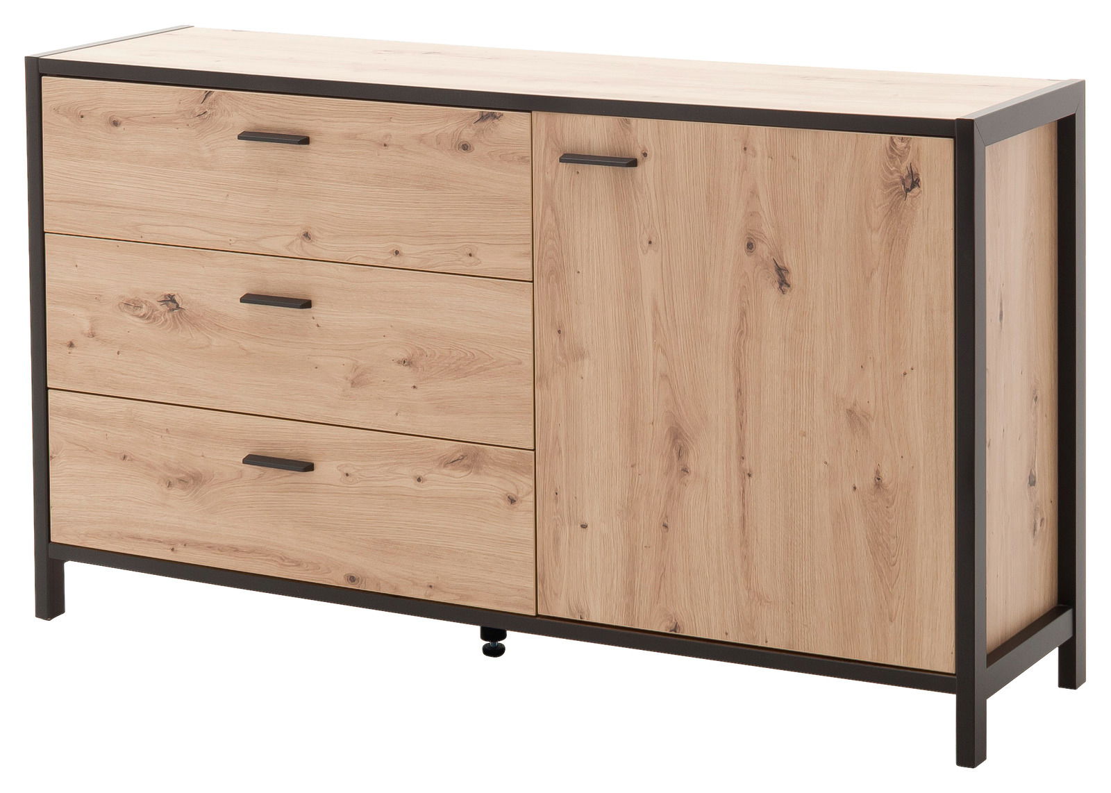 Modernes Sideboard aus Holz mit drei Schubladen und einer Tür, seitliche Perspektive