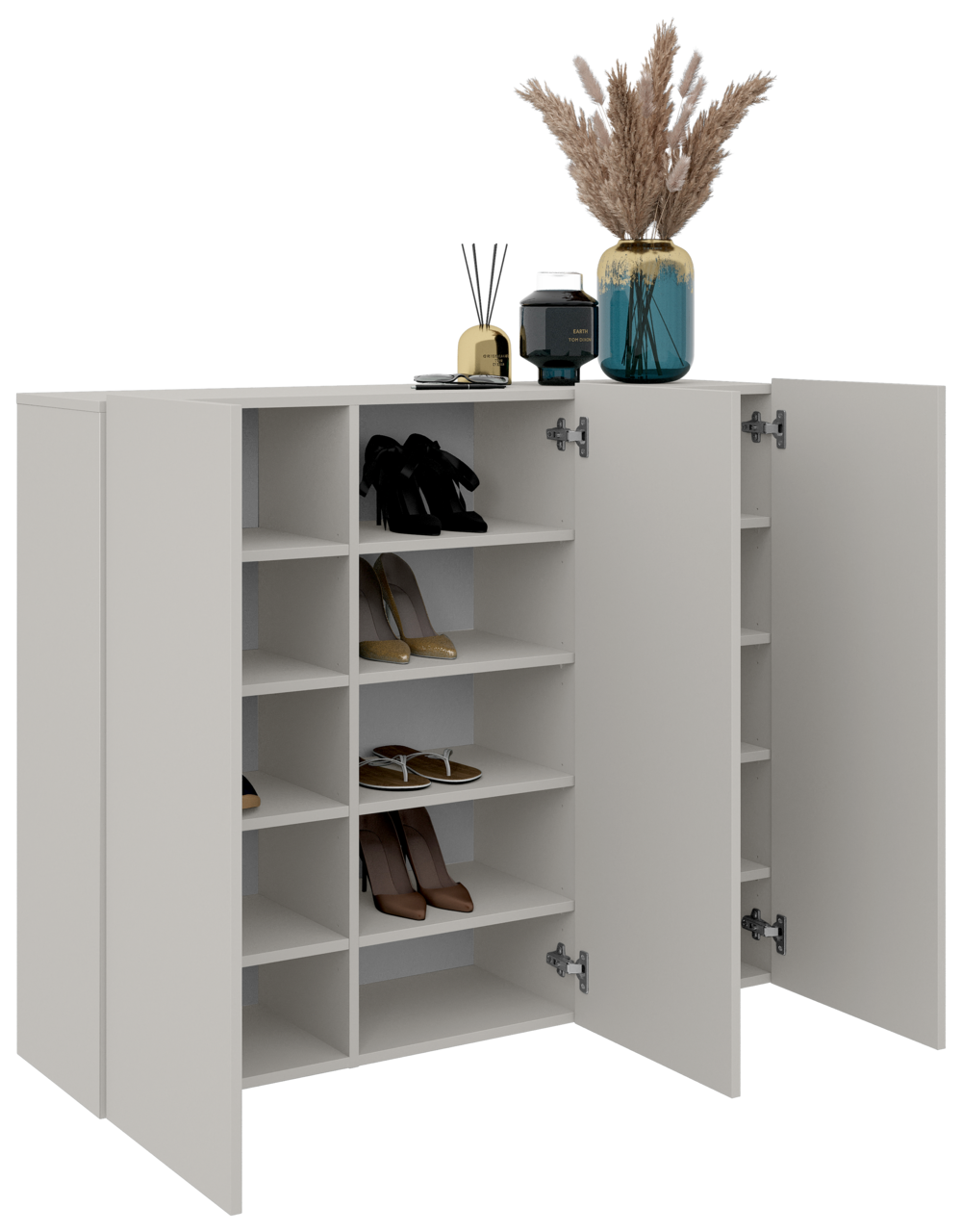 Moderner Hängeschuhschrank in Weiß mit offenen und geschlossenen Fächern, dekoriert mit Vase und Duftstäbchen, Perspektive von vorne.