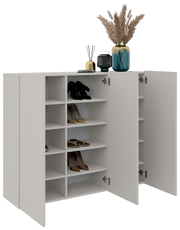 Moderner Hängeschuhschrank in Weiß mit offenen und geschlossenen Fächern, dekoriert mit Vase und Duftstäbchen, Perspektive von vorne.