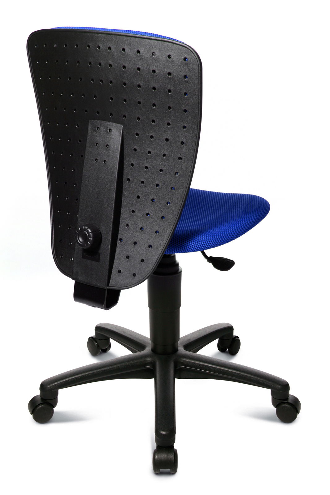 Topstar Kinder- und Jugendstuhl High S´COOL Rückansicht eines Kinder- und Jugendstuhls mit blauer Sitzfläche und schwarzer, perforierter Rückenlehne auf Rollen.