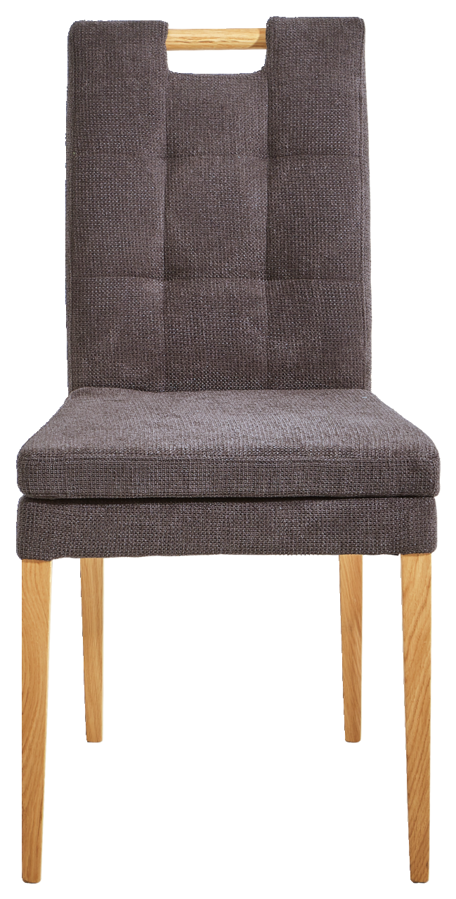 Cantus Stuhl BARCELONA Vorderansicht eines modernen Stuhls mit gepolsterter Sitzfläche und Rückenlehne in dunklem Stoff, sowie hellen Holzbeinen.