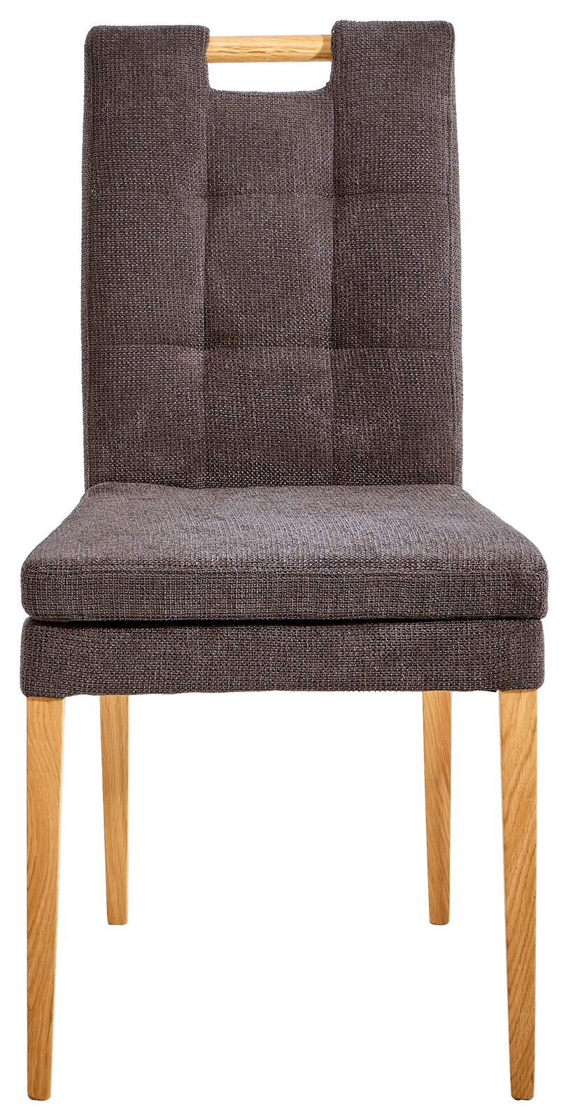 Cantus Stuhl BARCELONA Vorderansicht eines modernen Stuhls mit gepolsterter Sitzfläche und Rückenlehne in dunklem Stoff, sowie hellen Holzbeinen.