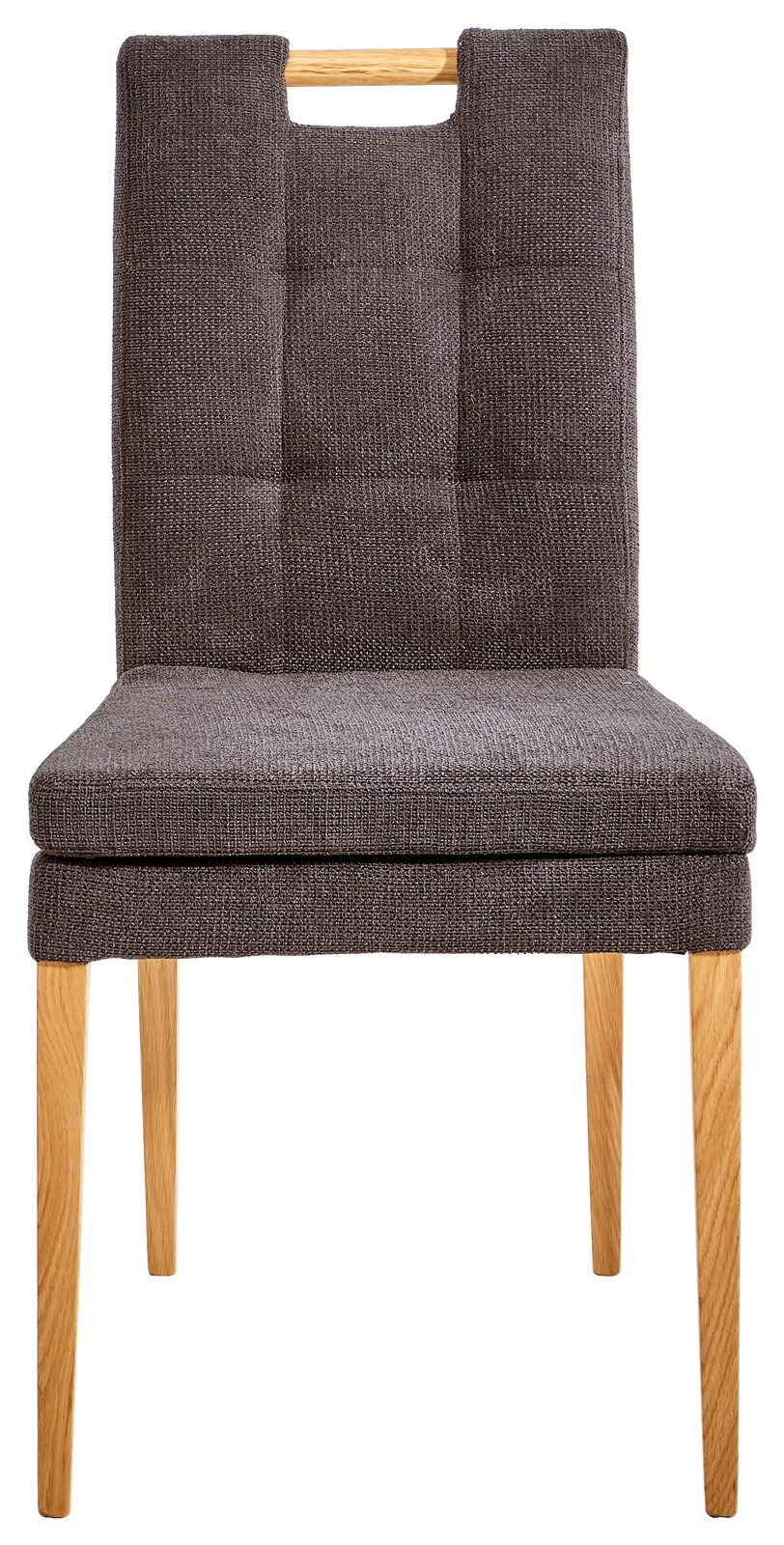 Cantus Stuhl BARCELONA Vorderansicht eines modernen Stuhls mit gepolsterter Sitzfläche und Rückenlehne in dunklem Stoff, sowie hellen Holzbeinen.