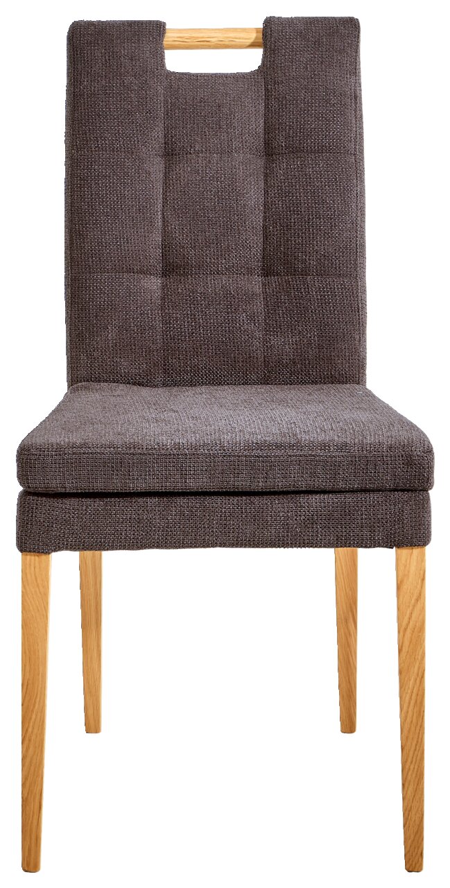 Cantus Stuhl BARCELONA Vorderansicht eines modernen Stuhls mit gepolsterter Sitzfläche und Rückenlehne in dunklem Stoff, sowie hellen Holzbeinen.