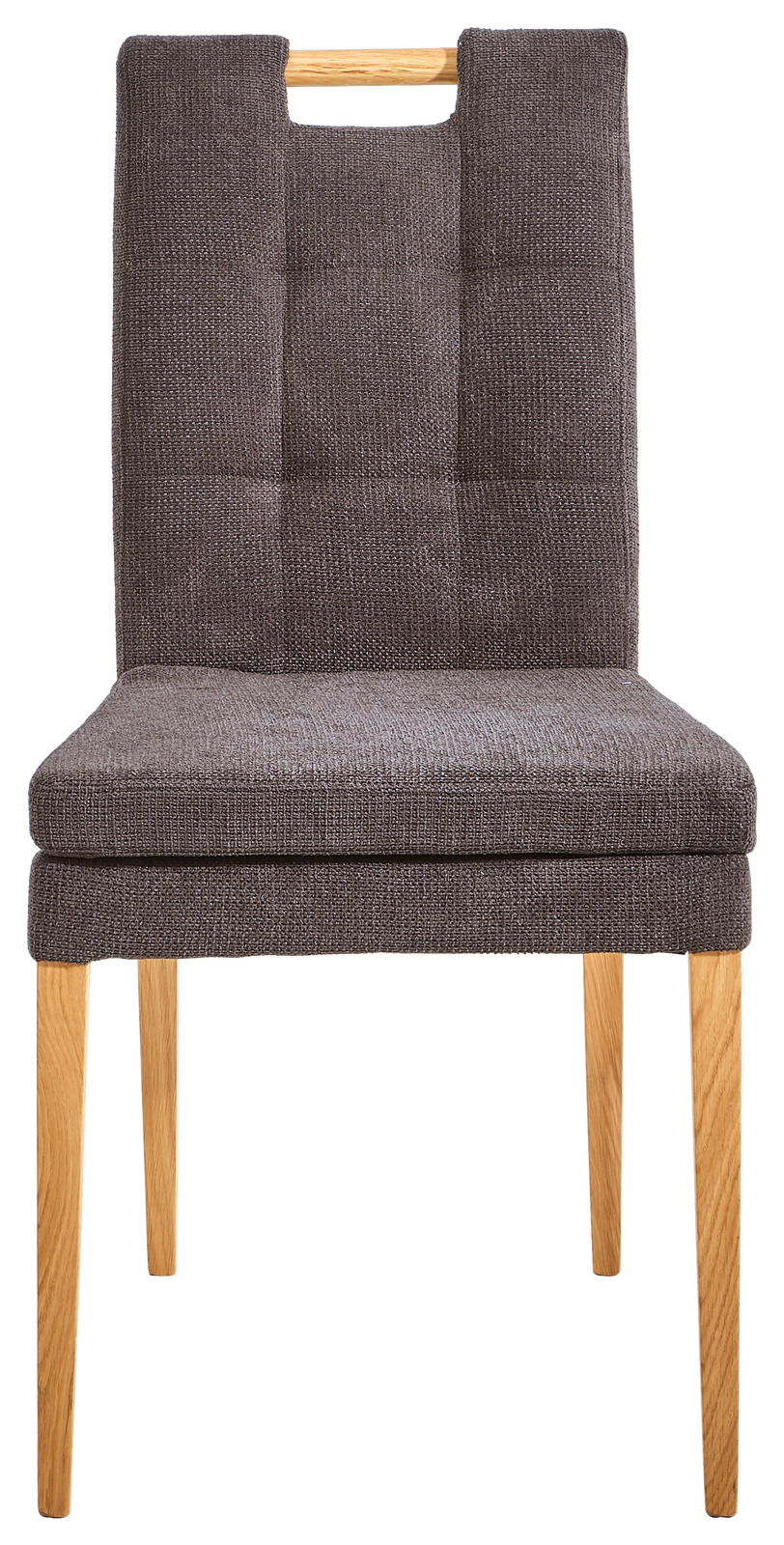 Vorderansicht eines modernen Stuhls mit gepolsterter Sitzfläche und Rückenlehne in dunklem Stoff, sowie hellen Holzbeinen.