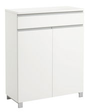 Weißer Schuhschrank mit zwei Türen und einer Schublade, frontal betrachtet