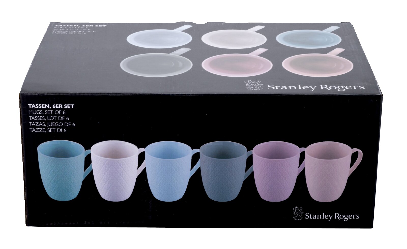 Stanley Rogers Tassen-Set mit sechs gemusterten Bechern in pastelligen Blau-, Grau- und Rosatönen, verpackt im schwarzen Produktkarton, aus schräger Vorderansicht von oben