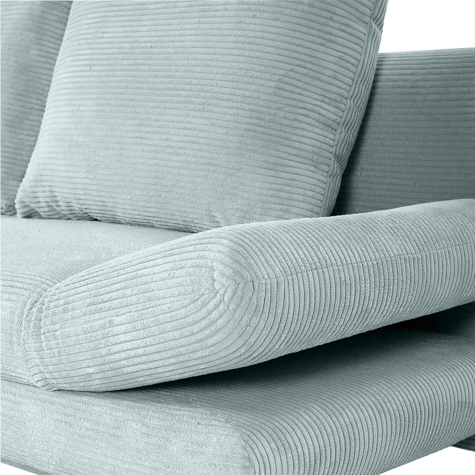 Nahaufnahme eines mintgrünen Funktionssofas ELIO mit geripptem Stoffbezug, seitliche Perspektive