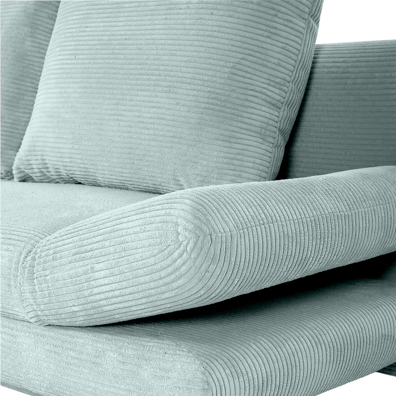 Nahaufnahme eines mintgrünen Funktionssofas ELIO mit geripptem Stoffbezug, seitliche Perspektive