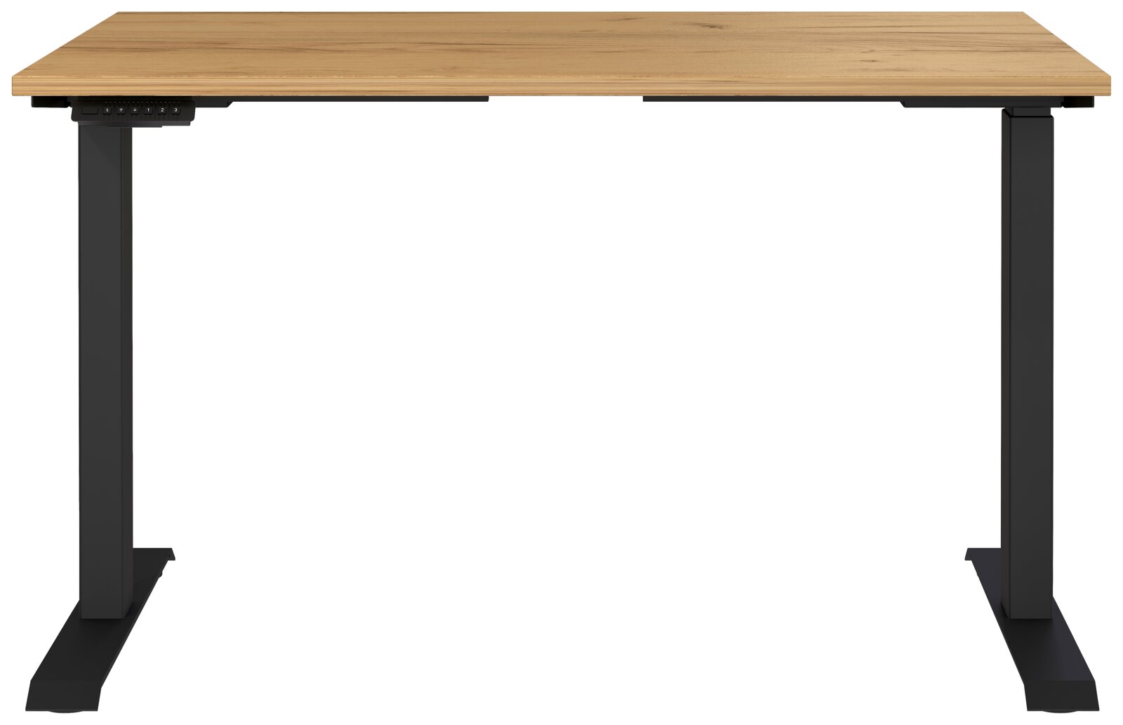 Elektrisch höhenverstellbarer Schreibtisch mit Holzplatte und schwarzen Metallbeinen, Frontalansicht