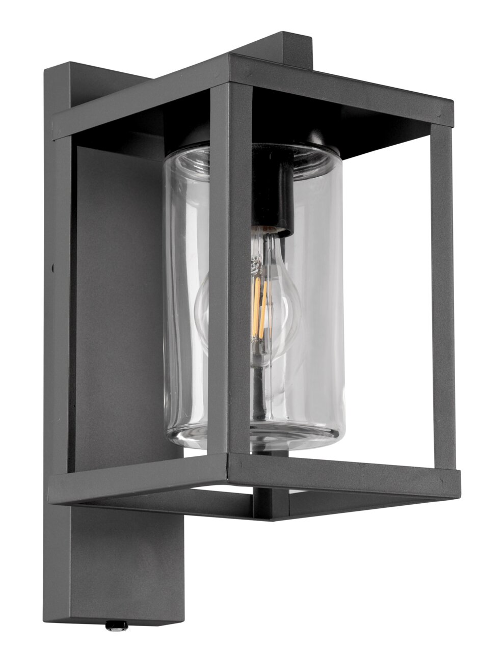 Moderne Außen-Wandleuchte LUNGA in schwarzem Metallrahmen mit Glaszylinder, seitliche Perspektive