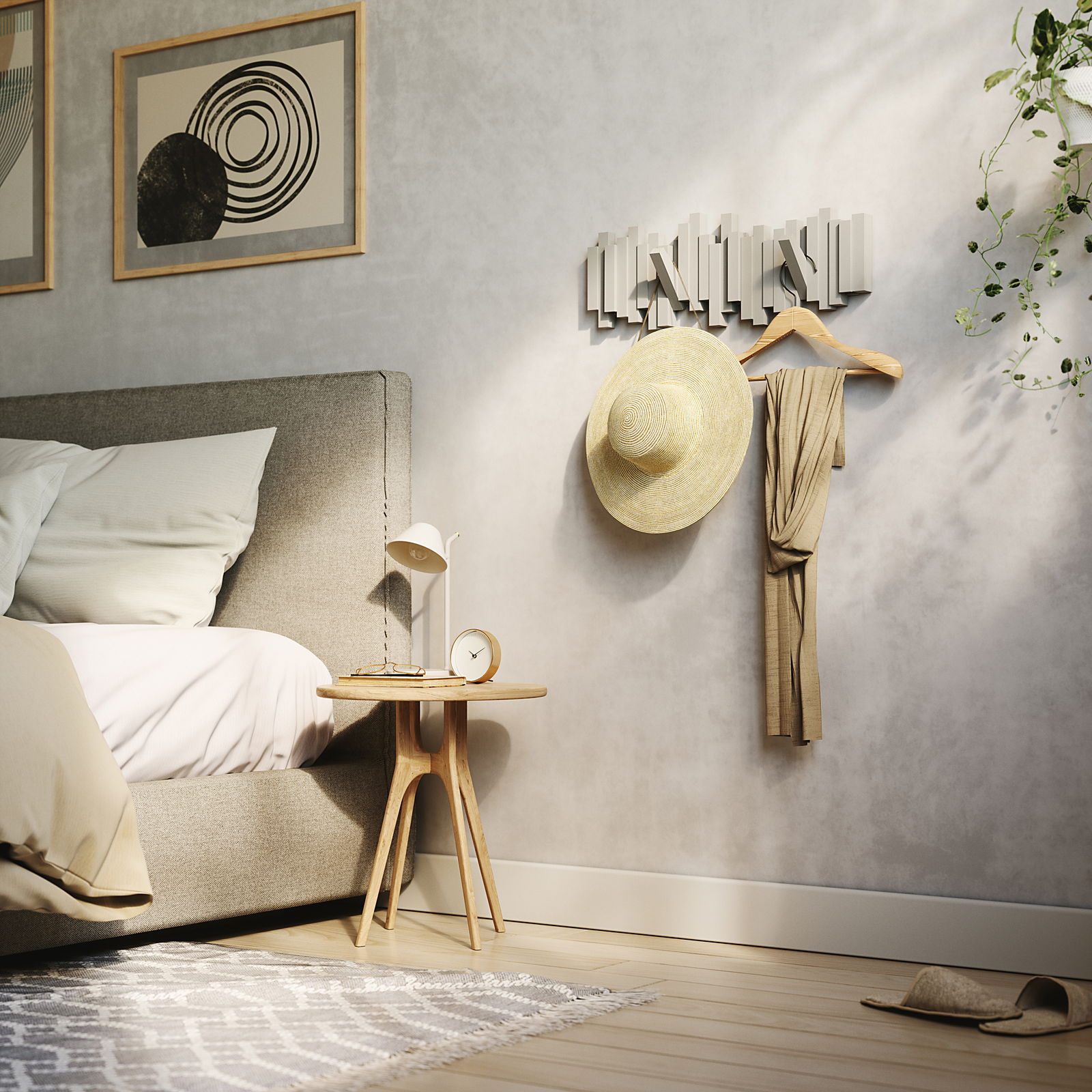 Moderne Wandgarderobe in einem stilvollen Schlafzimmer, seitliche Perspektive.