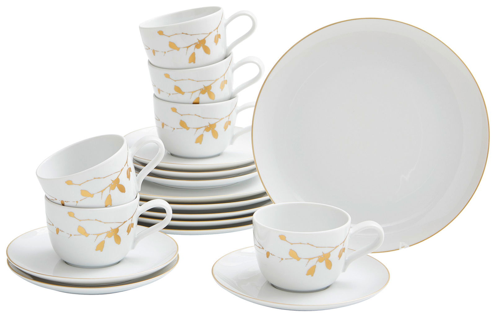 Kaffeeservice 18-tlg. mit goldenen Blattmotiven, seitliche Perspektive