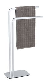 Moderner Handtuchständer Acate aus Chrom mit zwei Stangen, frontal abgebildet, mit einem grauen Handtuch.