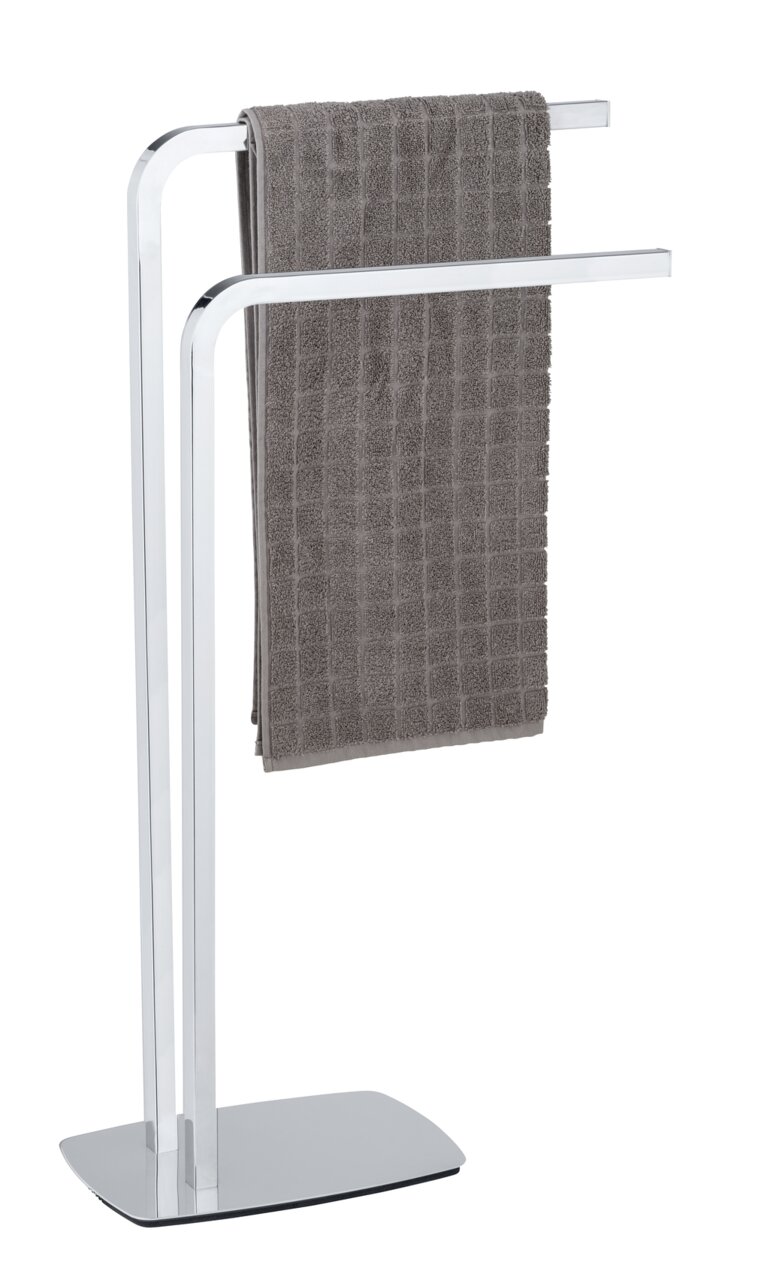 Wenko Handtuchständer ACATE Moderner Handtuchständer Acate aus Chrom mit zwei Stangen, frontal abgebildet, mit einem grauen Handtuch.