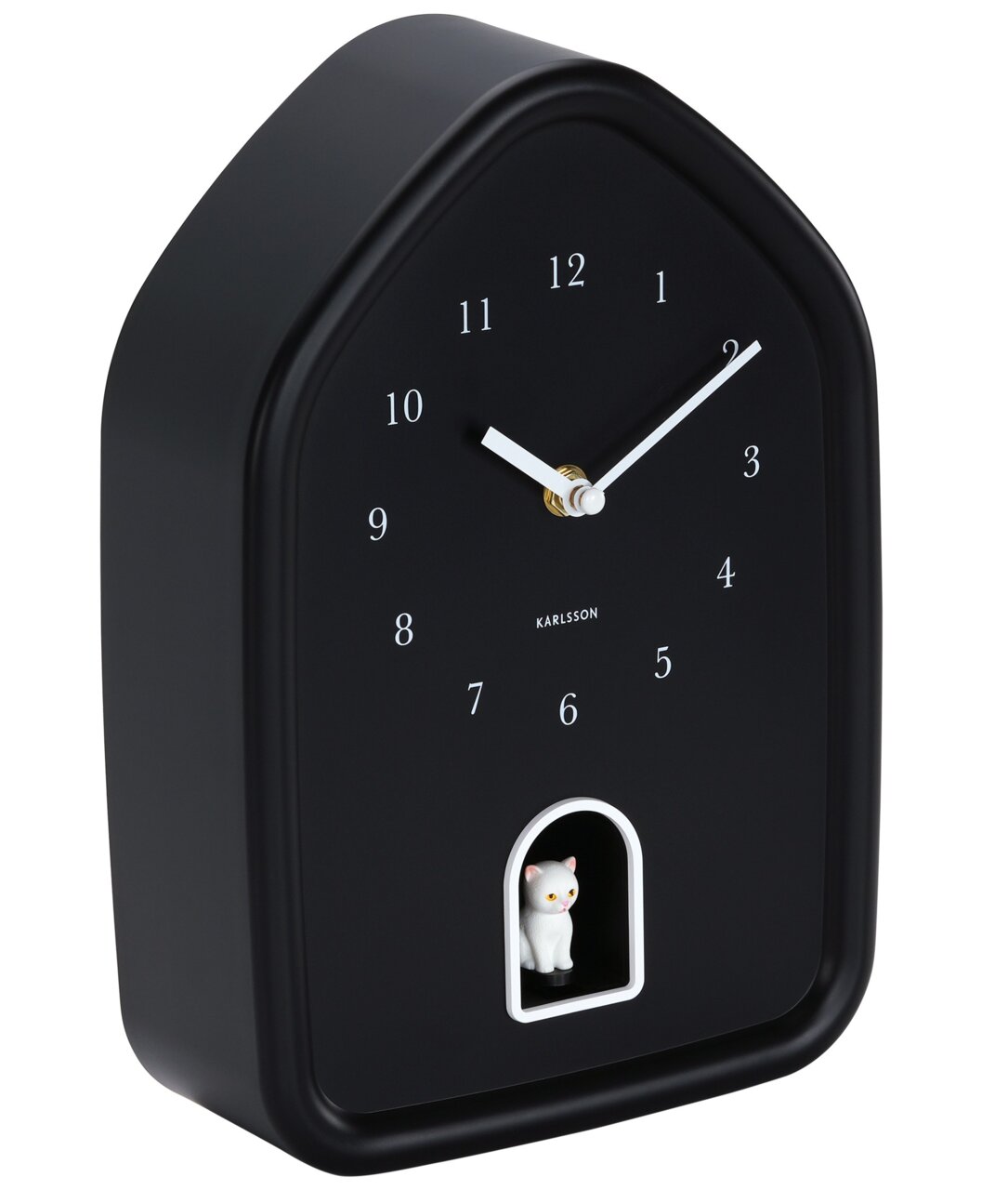 KARLSSON Wanduhr MODERN KITTY Schwarze Wanduhr in Hausform mit weißen Ziffern und Zeigern, sowie einer kleinen weißen Katze in einer Öffnung unten, seitliche Perspektive