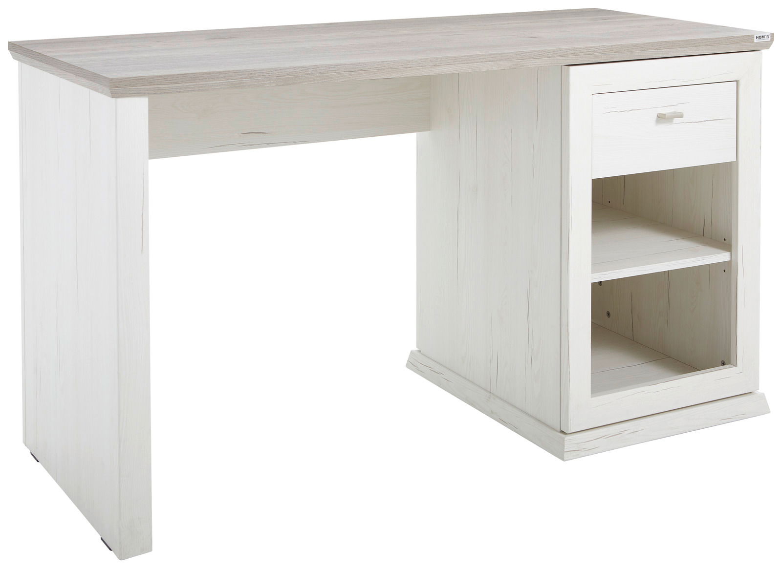 Moderner Schreibtisch in Holzoptik mit Schublade und offenen Regalfächern, seitliche Perspektive