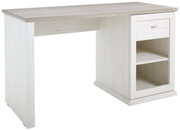 Moderner Schreibtisch in Holzoptik mit Schublade und offenen Regalfächern, seitliche Perspektive