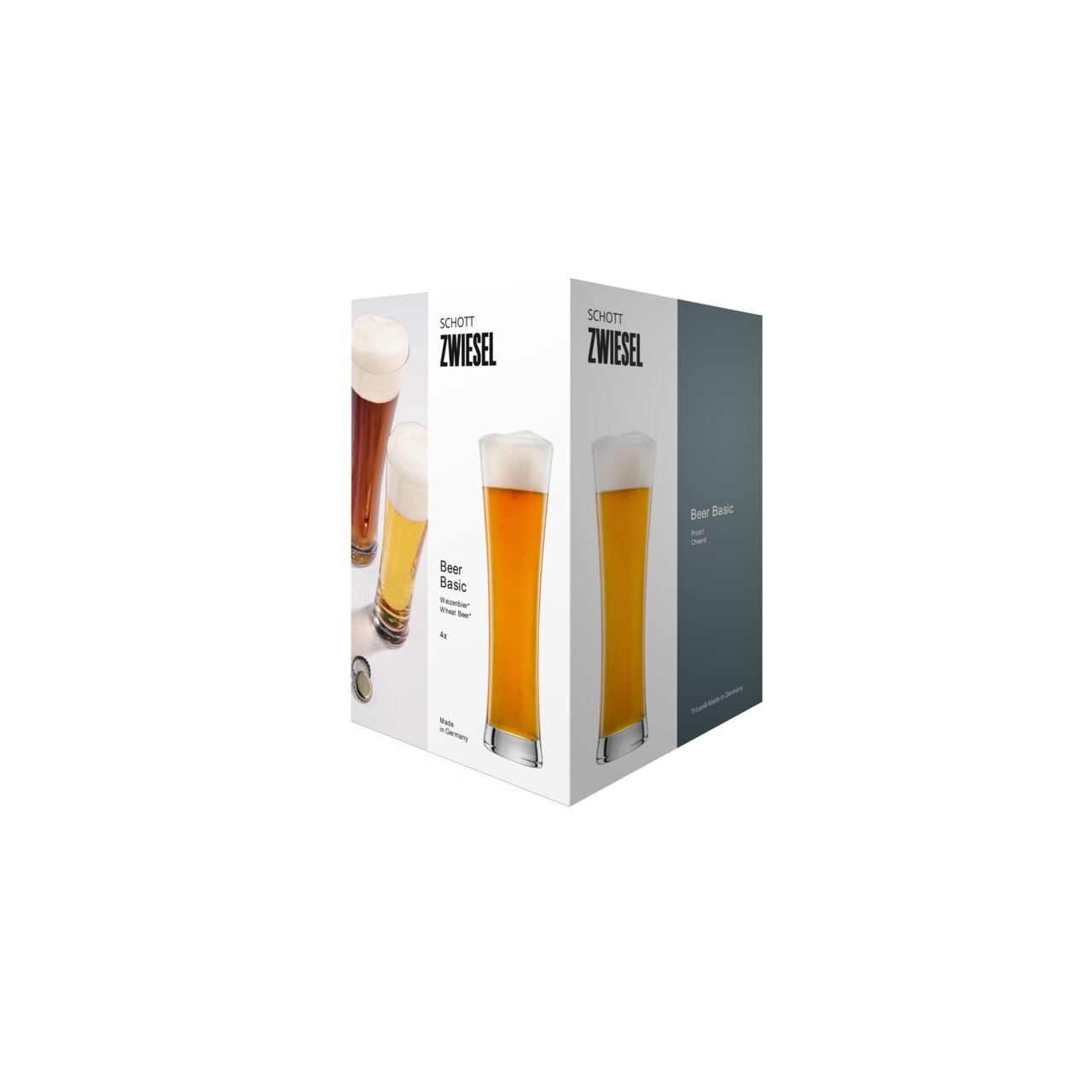 Verpackung eines Weizenbierglases von Schott Zwiesel, frontal und seitlich abgebildet.