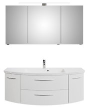 Frontale Ansicht einer dreiteiligen Badkombination mit Spiegelschrank und Waschbeckenunterschrank in modernem Design.