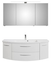 Frontale Ansicht einer dreiteiligen Badkombination mit Spiegelschrank und Waschbeckenunterschrank in modernem Design.