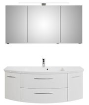 Frontale Ansicht einer dreiteiligen Badkombination mit Spiegelschrank und Waschbeckenunterschrank in modernem Design.