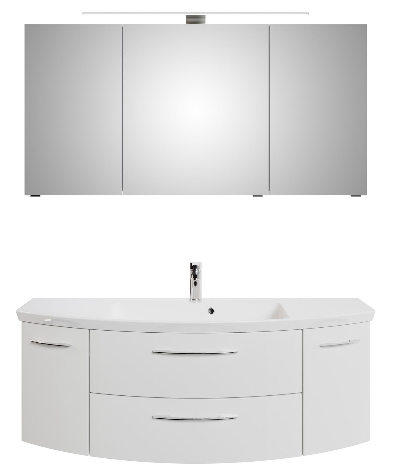 Frontale Ansicht einer dreiteiligen Badkombination mit Spiegelschrank und Waschbeckenunterschrank in modernem Design.